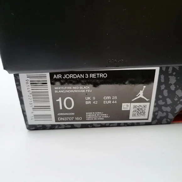 NEW Men's Sz 10 Jordan 3 Retro "Fire Red" Shoes - DN3707-160 - Picture 10 of 10